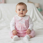 Pink & White Dogtooth Satin Bow Long Dungaree Set