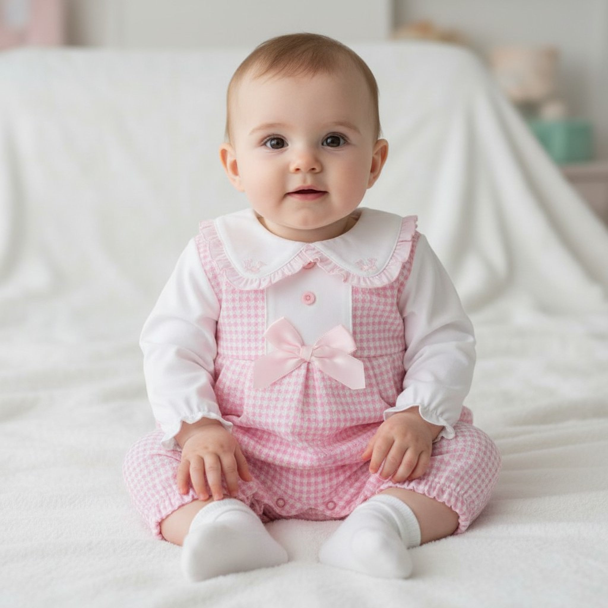 Pink & White Dogtooth Satin Bow Long Dungaree Set