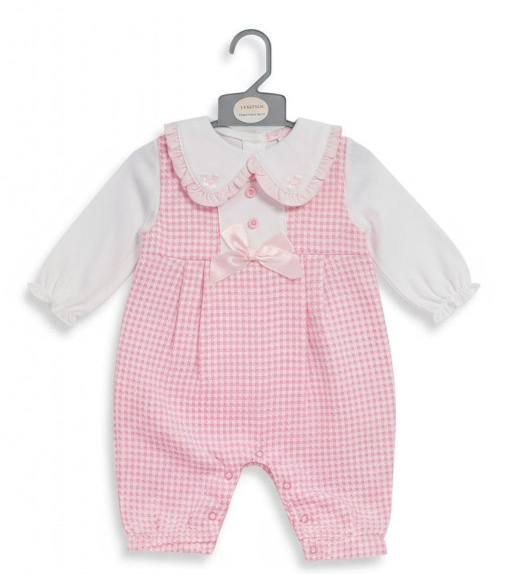 Pink & White Dogtooth Satin Bow Long Dungaree Set