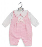 Pink & White Dogtooth Satin Bow Long Dungaree Set