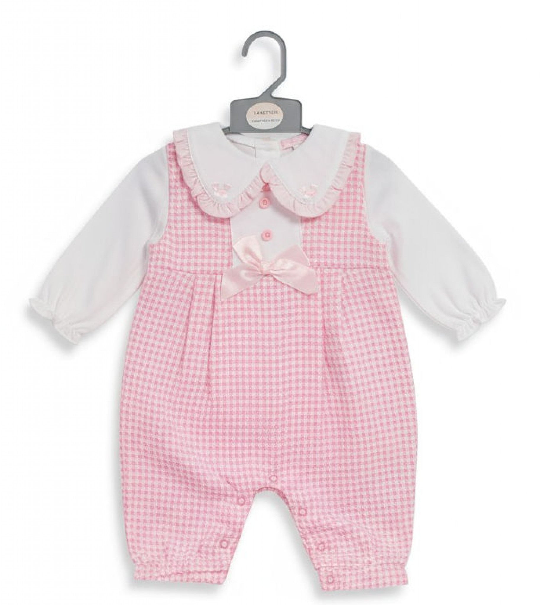 Pink & White Dogtooth Satin Bow Long Dungaree Set