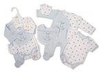 Collection of baby clothes including a onesie, bib, and booties on a white background - adorababy.co.uk