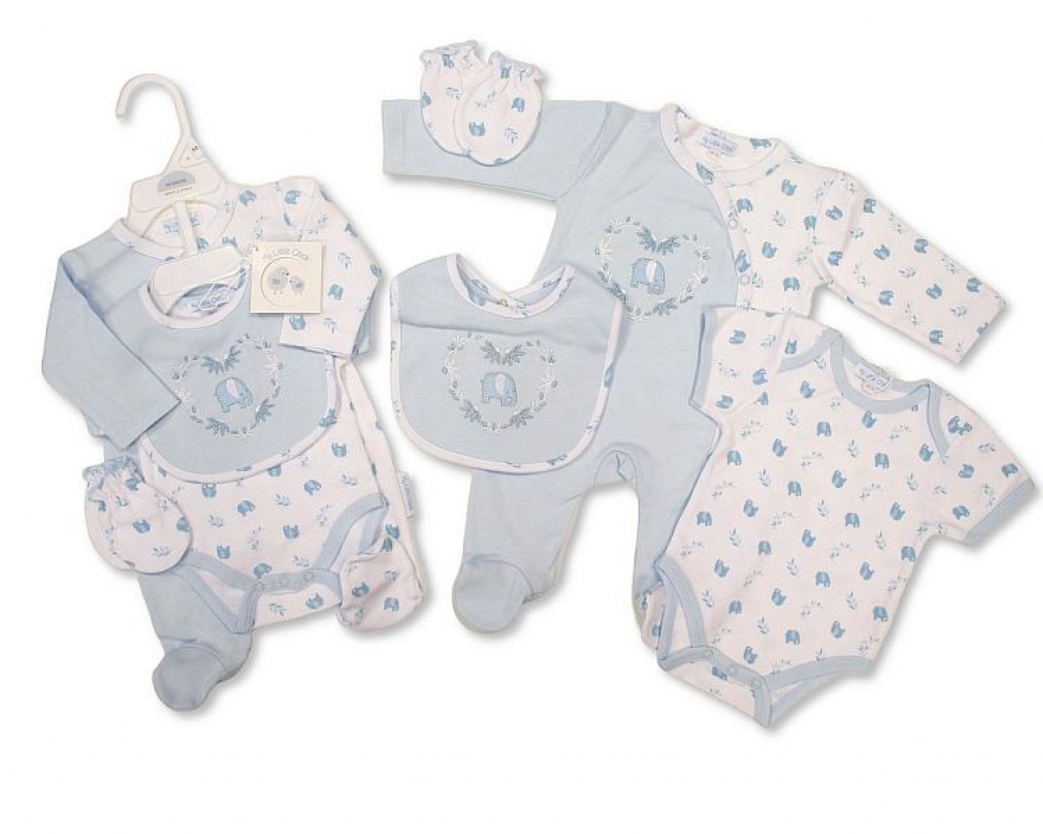 Collection of baby clothes including a onesie, bib, and booties on a white background - adorababy.co.uk