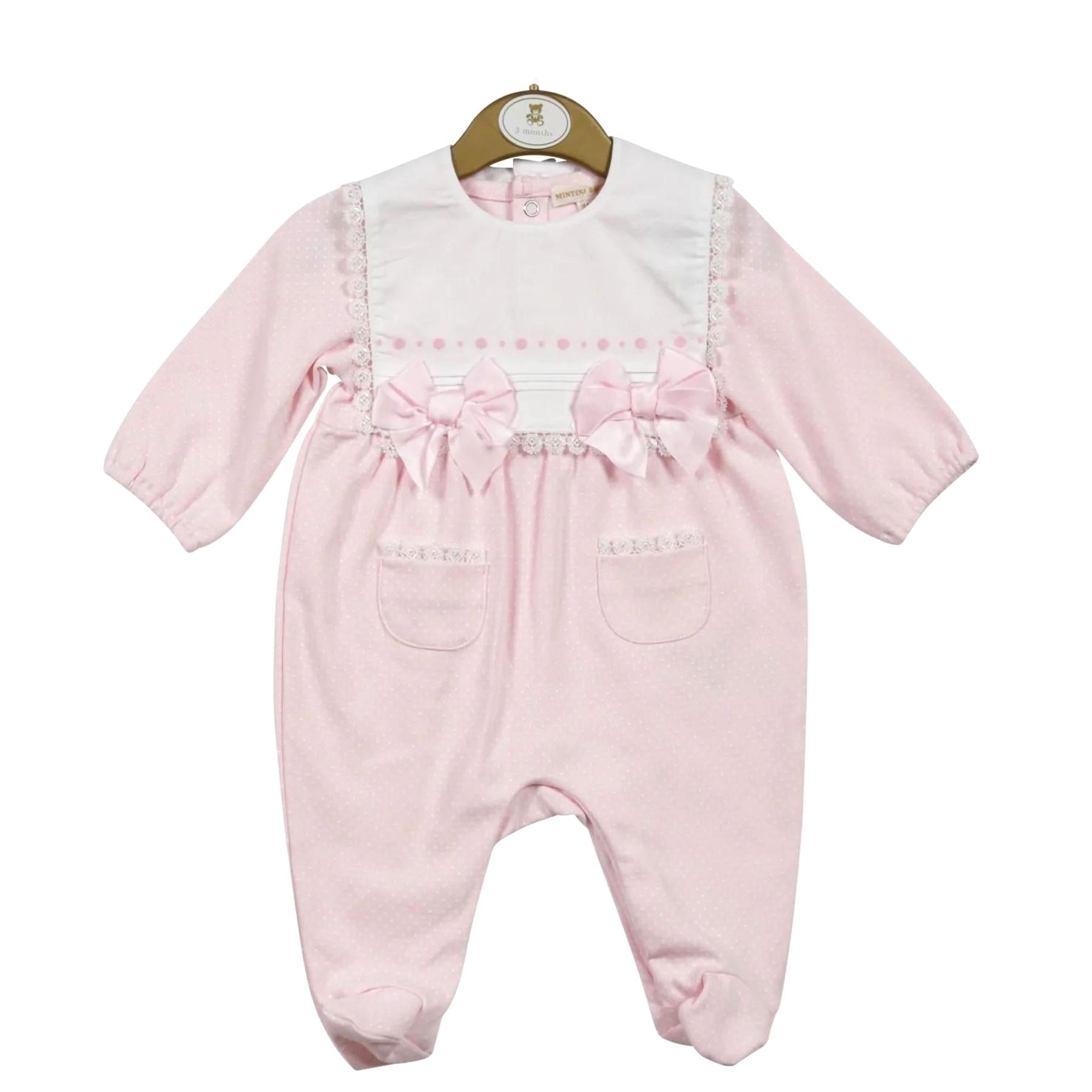 Pink & White Baby Girls All in One with Lace Bib & Bows - Age 6 months