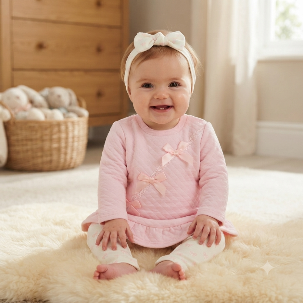 Baby Girls Quilted Ribbon Bow Dress, Legging & Headband Outfit