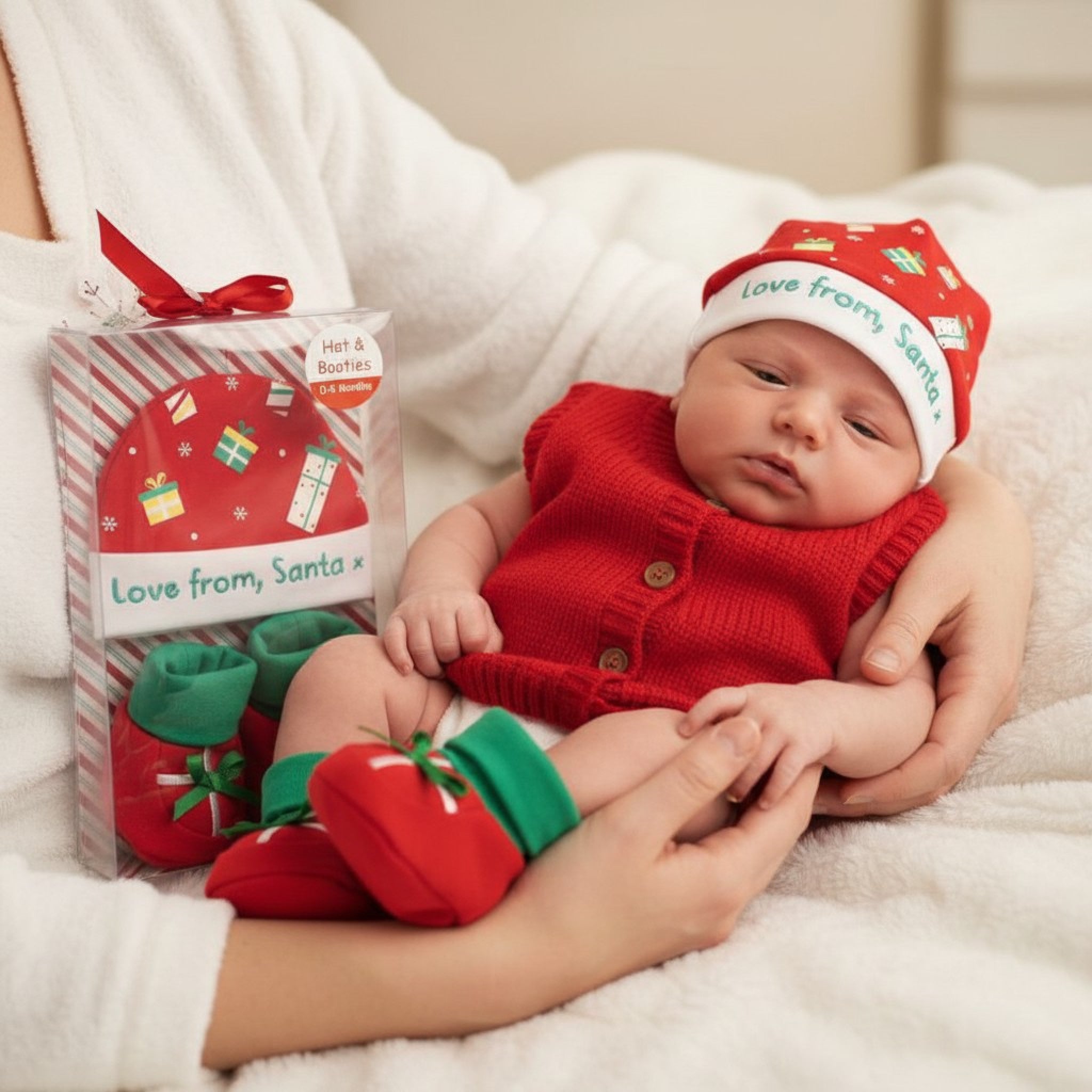 Love From Santa Baby's First Christmas Hat & Booties Gift Set