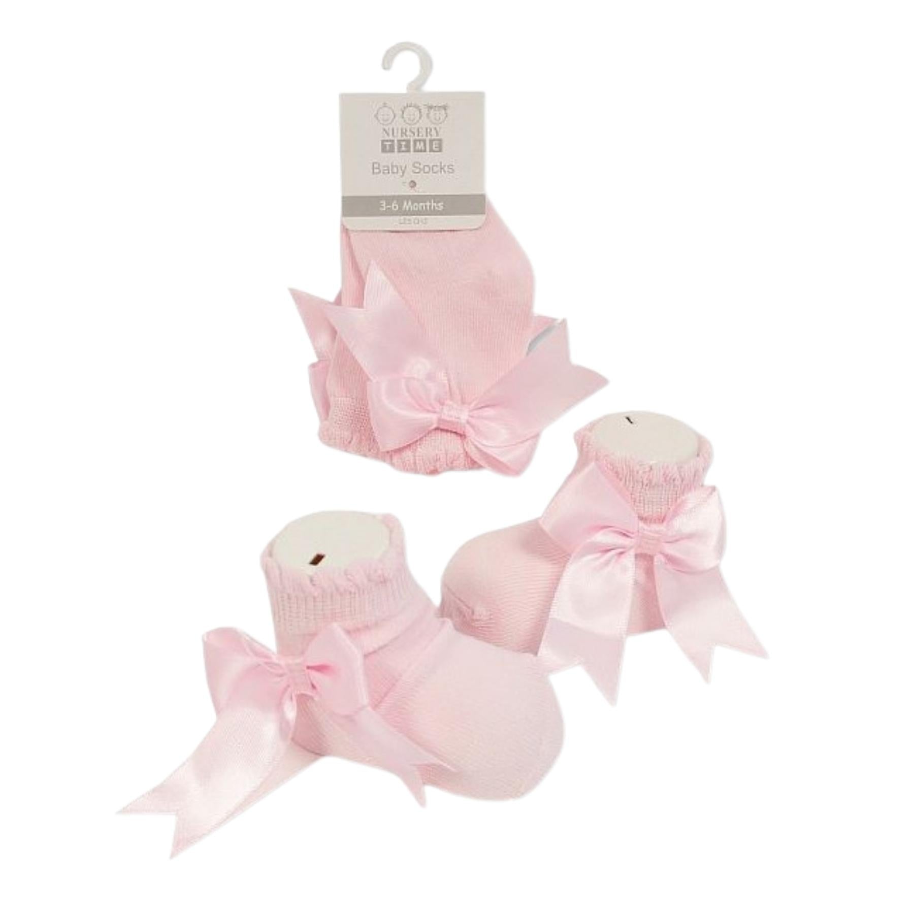 NURSERY TIME Baby Girls Pink Socks with Satin Ribbon Bow - The Baby Place