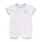 White baby romper with blue trim on a white background