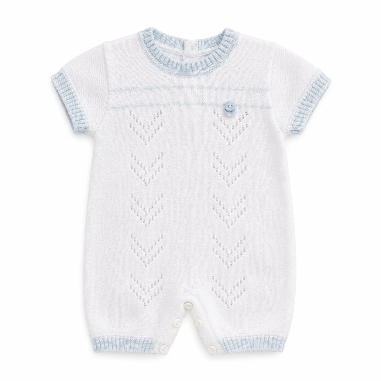 White baby romper with blue trim on a white background
