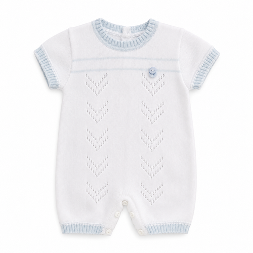White baby romper with blue trim on a white background