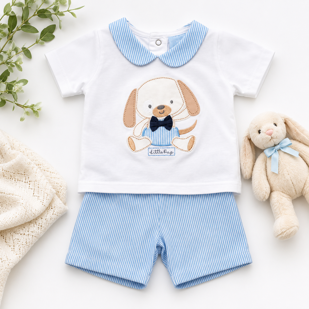 Rockabye baby puppy shorts set with blue striped shorts and puppy appliqué top