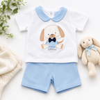 Rockabye baby puppy shorts set with blue striped shorts and puppy appliqué top
