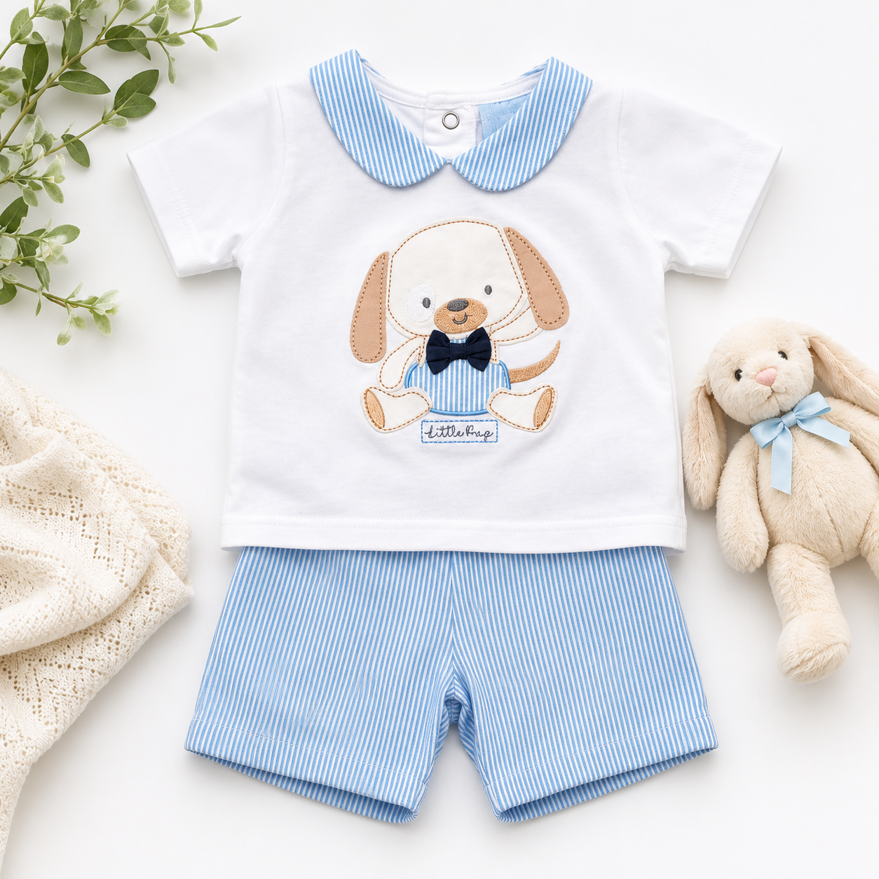 Rockabye baby puppy shorts set with blue striped shorts and puppy appliqué top