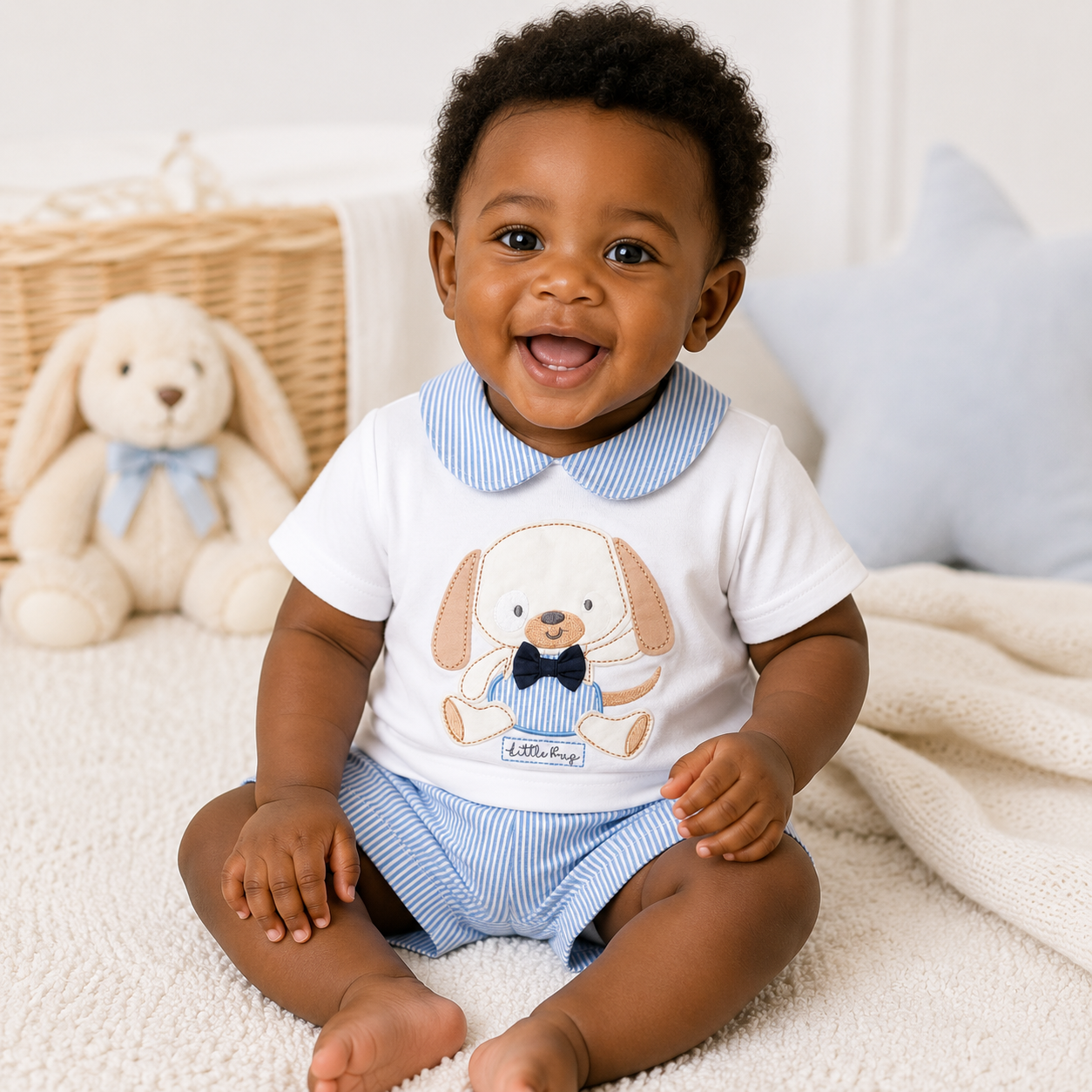 Baby boy wearing Rockabye baby puppy shorts set with blue striped shorts and puppy appliqué top