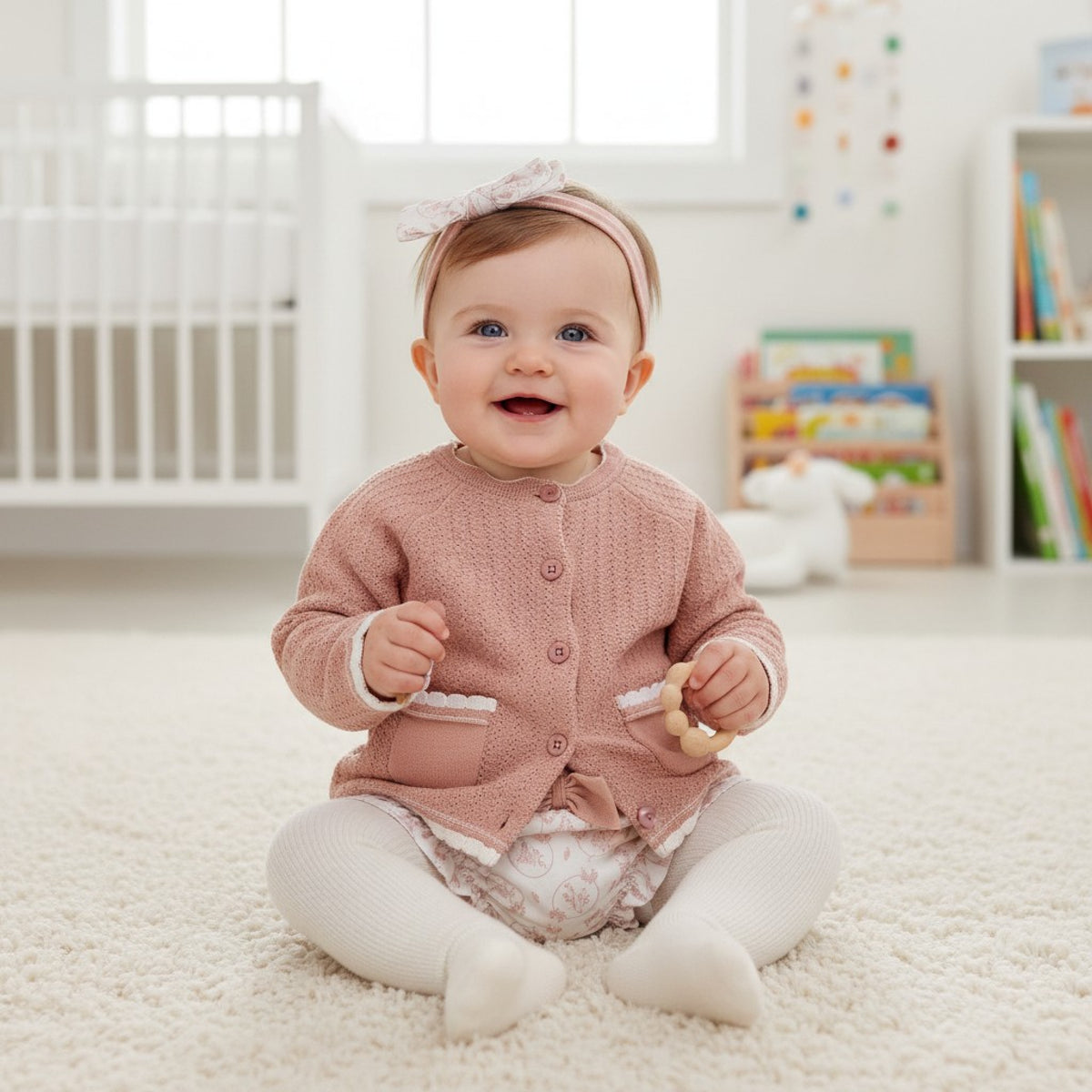 Baby Girls Dusky Pink Cardigan, Jam Pants, Tights & Headband Set