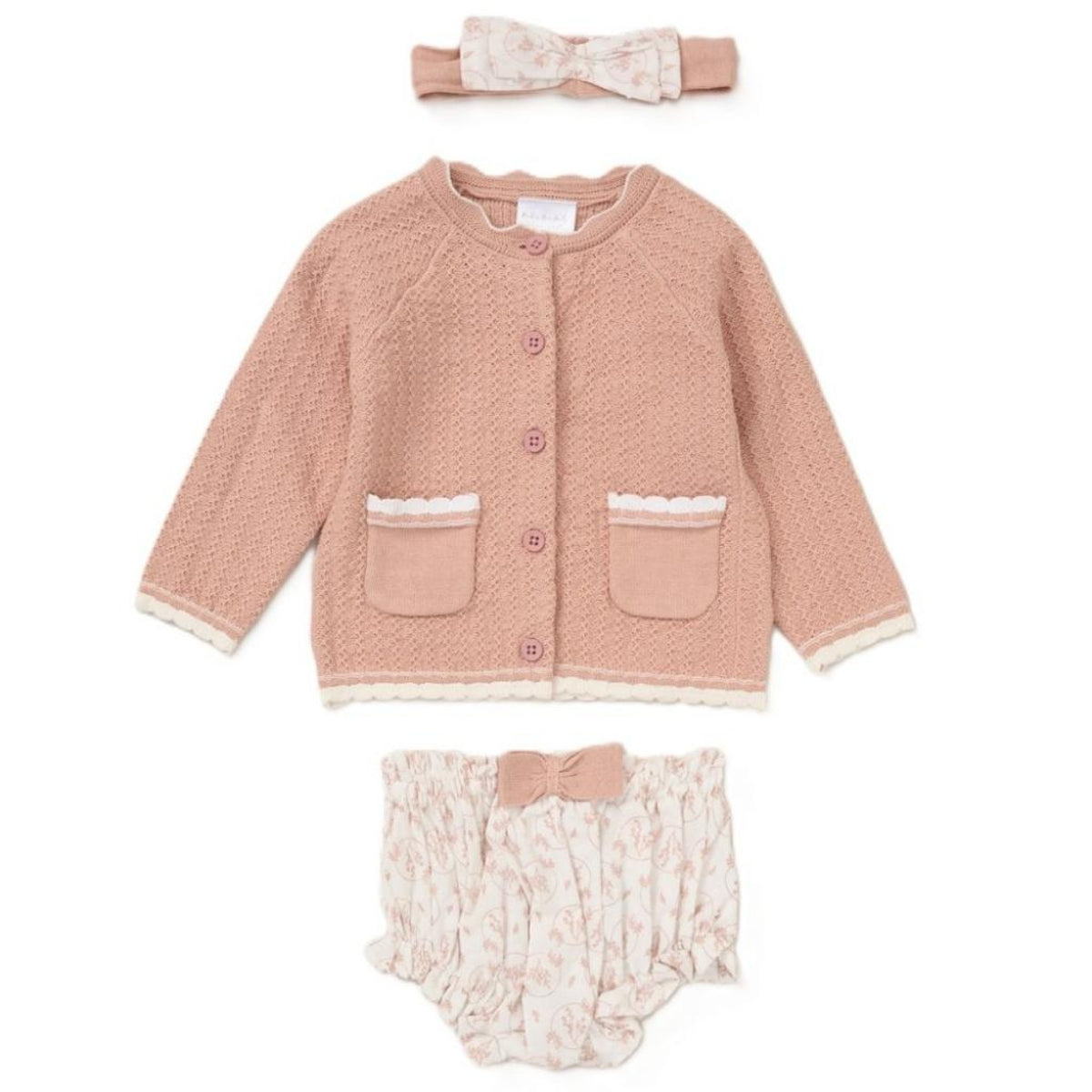 Baby Girls Dusky Pink Cardigan, Jam Pants, Tights & Headband Set