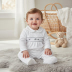 White Smocked Embroidered Elephants Velour Baby All in One