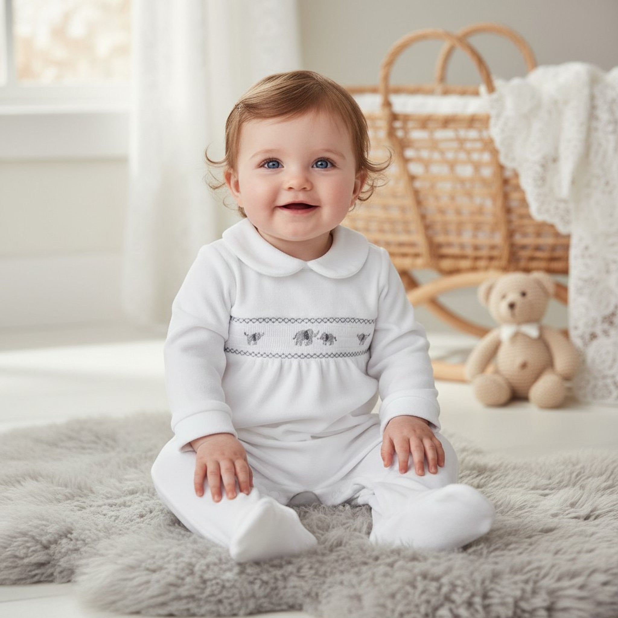 White Smocked Embroidered Elephants Velour Baby All in One