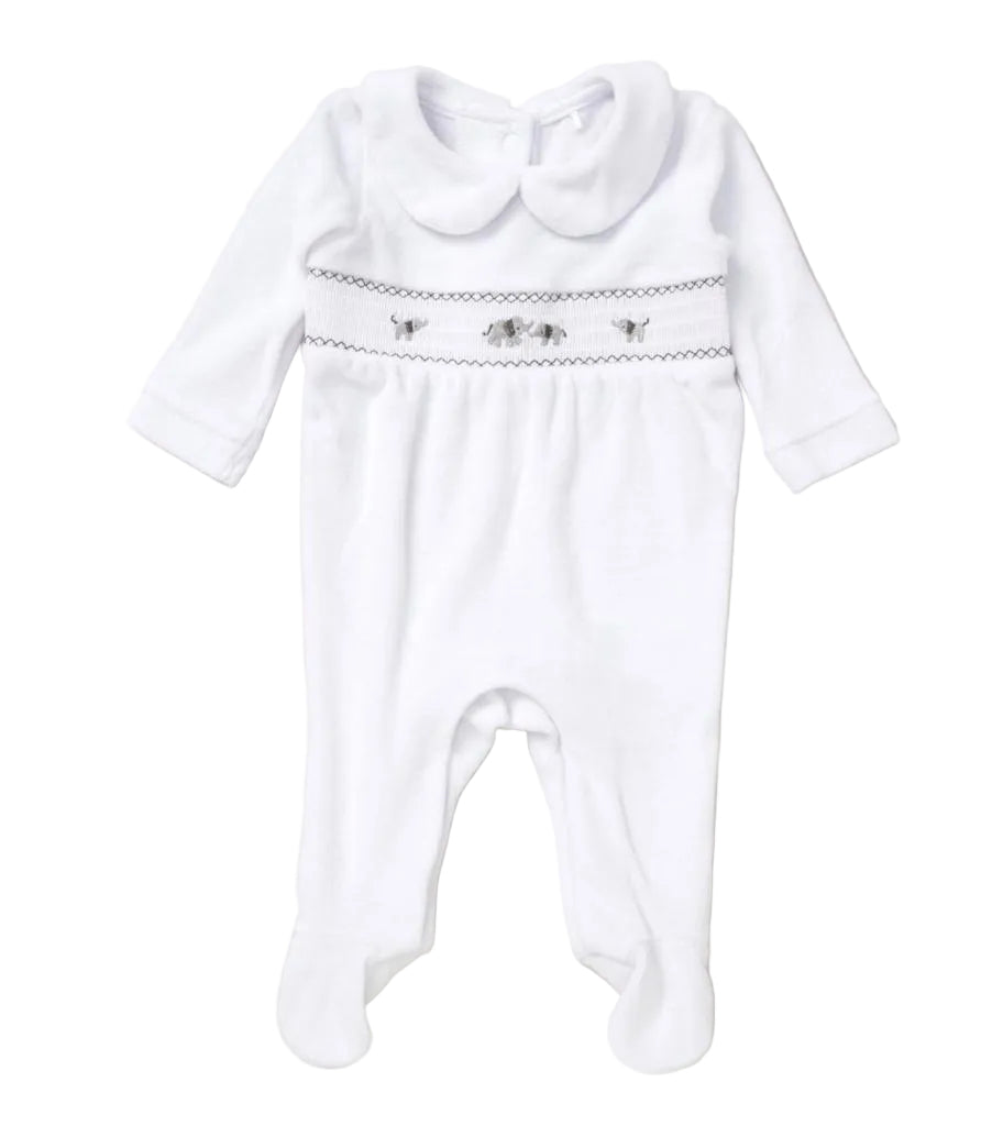 White baby onesie with embroidered elephants and smocked panel - Adorababy.co.uk