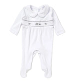 White baby onesie with embroidered elephants and smocked panel - Adorababy.co.uk