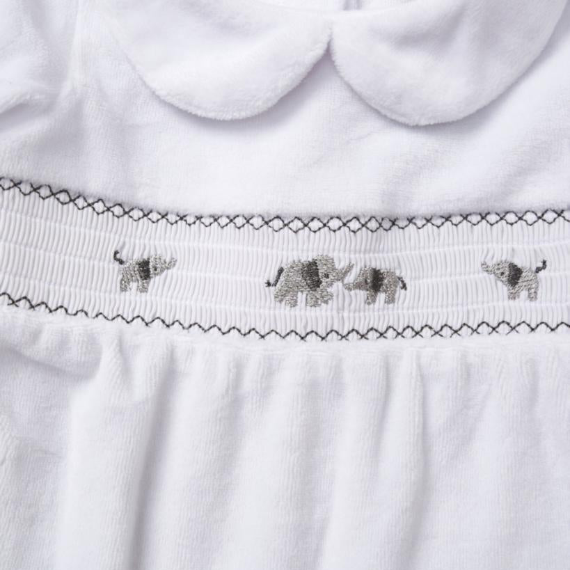 White Velour baby all in one with smocked panel and elephant embroidery - Adorababy.co.uk