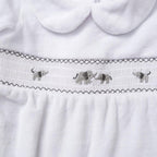 White Velour baby all in one with smocked panel and elephant embroidery - Adorababy.co.uk
