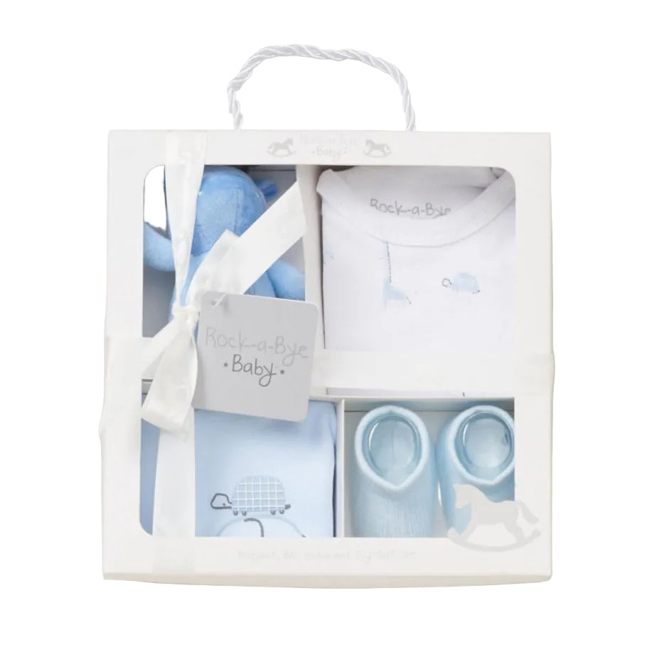 Adorababy.co.uk Baby gift set with blue items in a white box on a light gray background