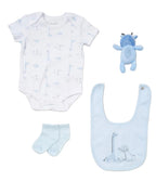 Baby clothing set with onesie, bib, socks, and plush toy on a beige background - Adorababy.co.uk