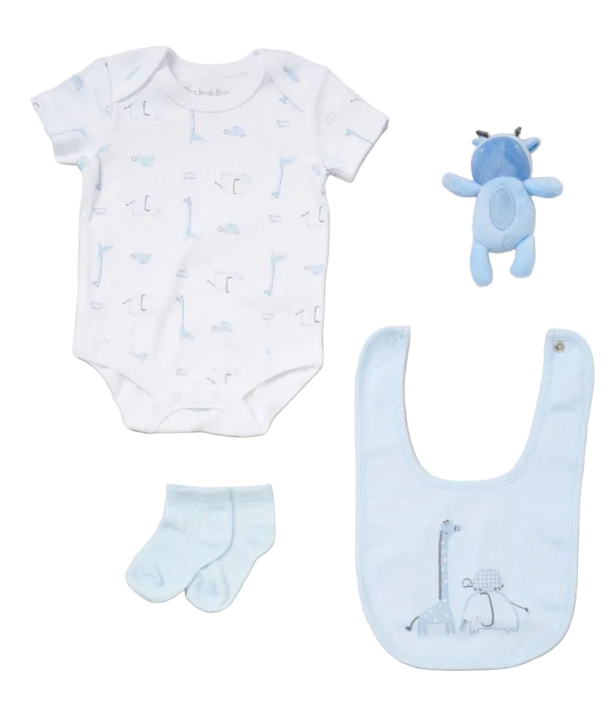 Baby clothing set with onesie, bib, socks, and plush toy on a beige background - Adorababy.co.uk