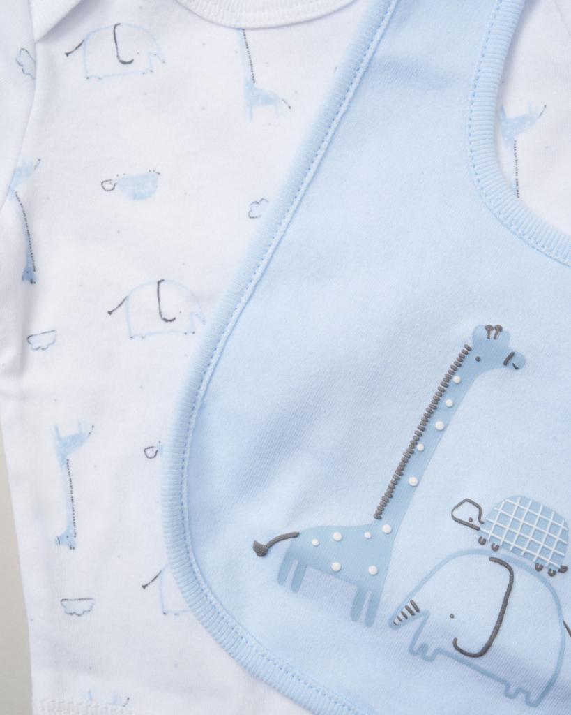 Baby outfit with blue bib and white shirt featuring animal prints on a light background