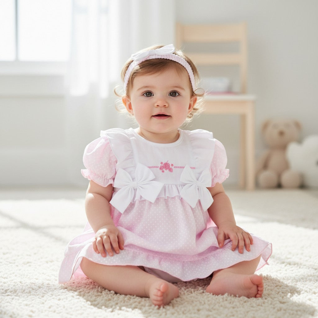 Double Bow Pink & White Baby Girls Dress Set