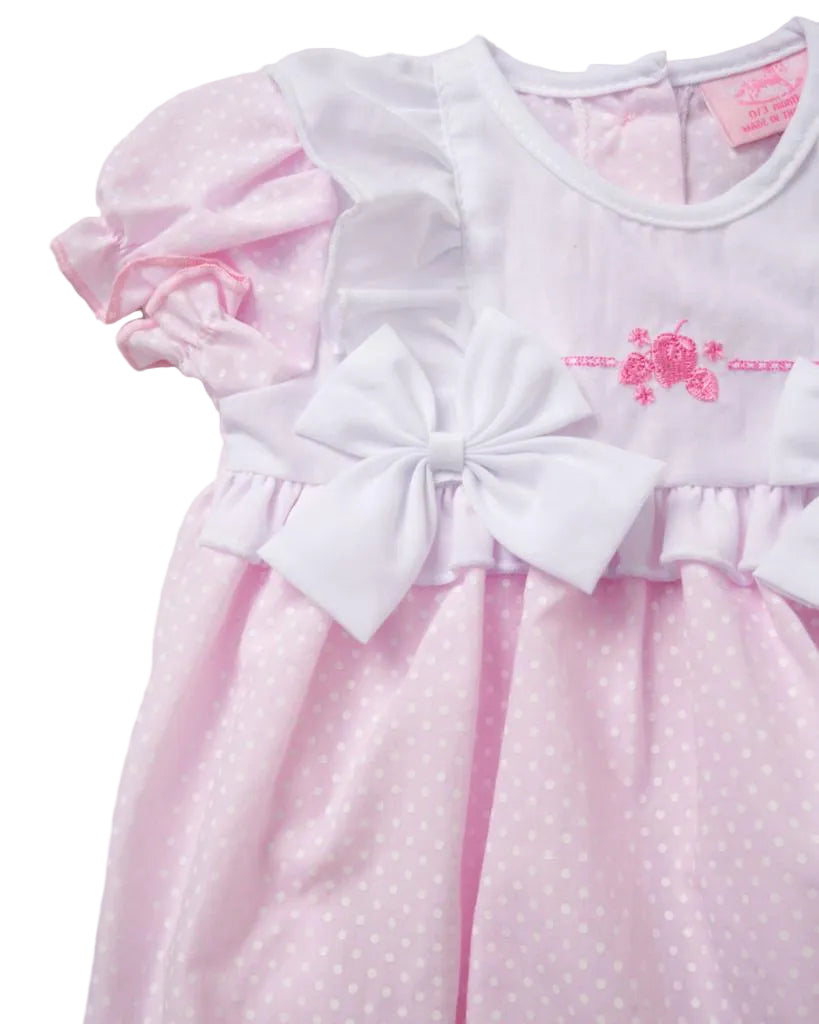 Pink polka dot dress with a white bow and pink floral design - Adorababy.co.uk
