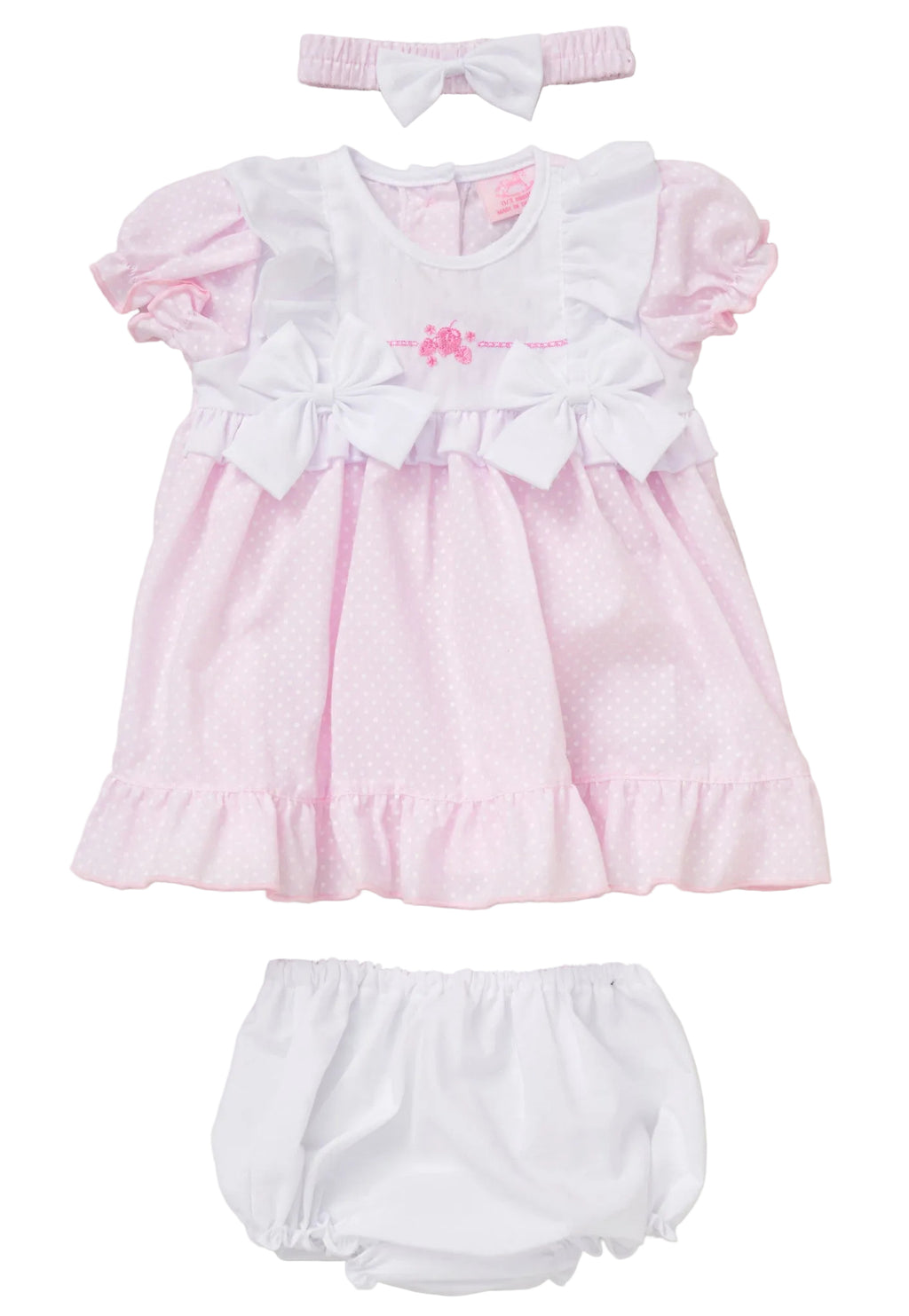 Baby girl's pink dress set with white bloomers and headband on a white background - Adorababy.co.uk
