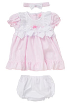 Baby girl's pink dress set with white bloomers and headband on a white background - Adorababy.co.uk