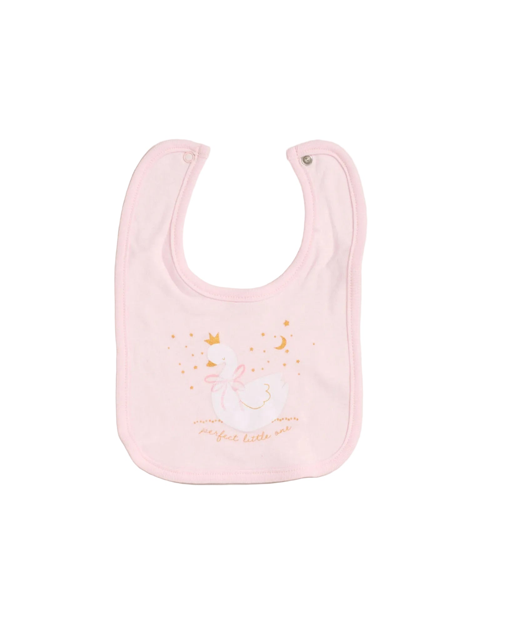 Pink baby bib with a design on a light gray background