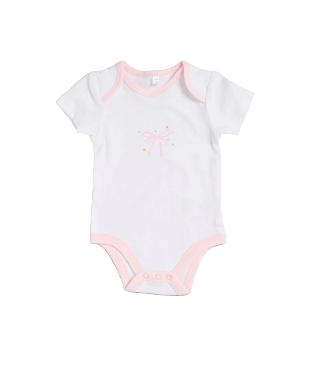 White baby onesie with pink trim on a white background
