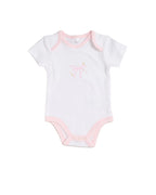 White baby onesie with pink trim on a white background