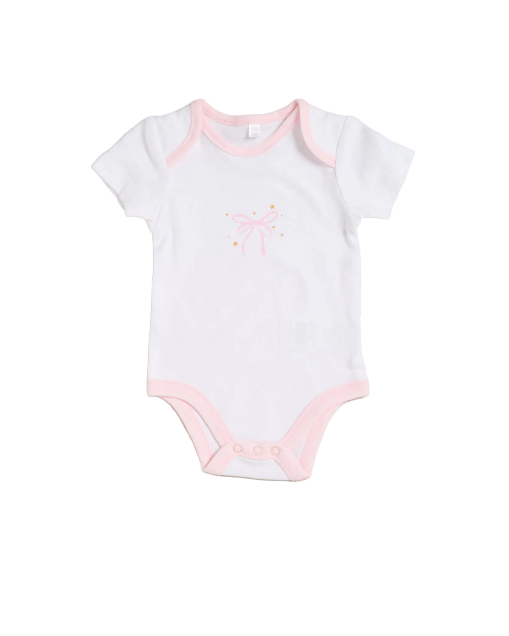 White baby onesie with pink trim on a white background