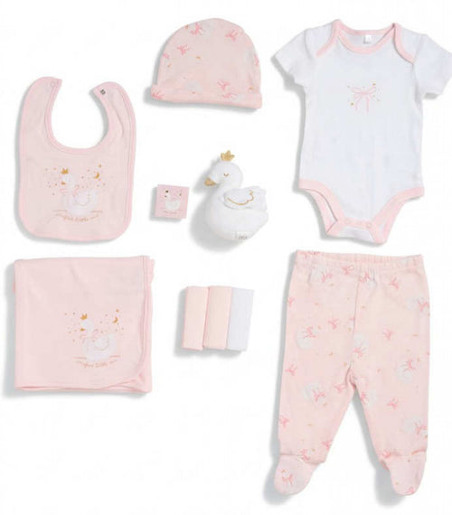 Baby Girls Pink & White Swan Princess 10 Piece Layette Gift Set