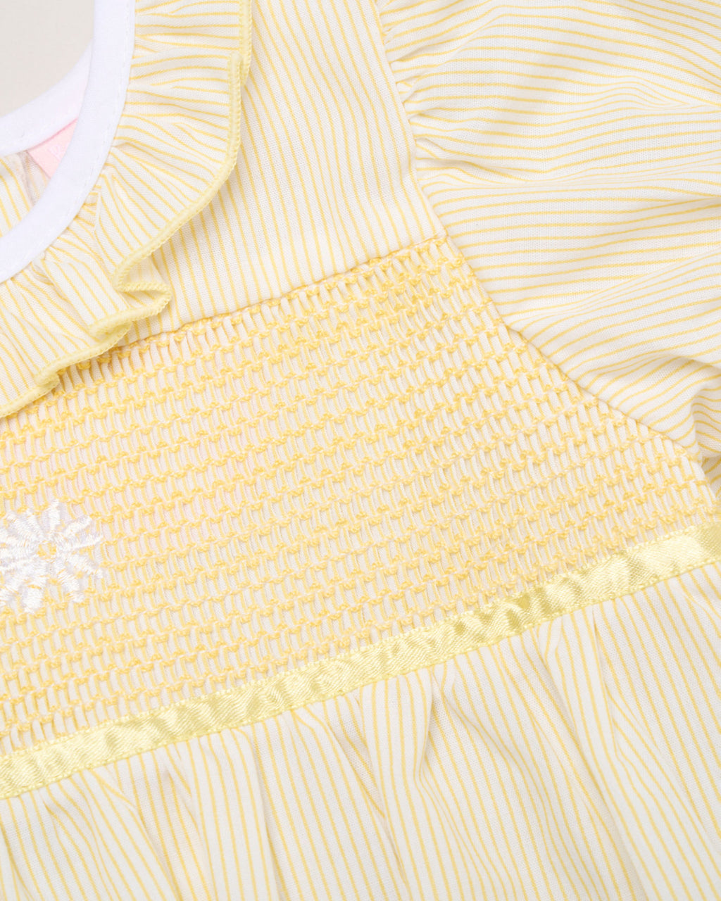 Close-up of a yellow ruffle smocked daisy romper - Adorababy.co.uk