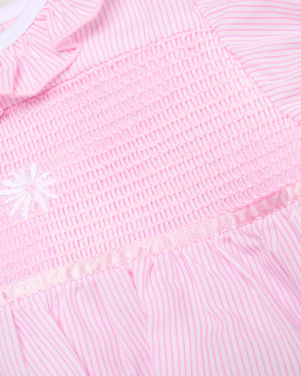 Close-up of pink ruffle baby romper - Adorababy.co.uk