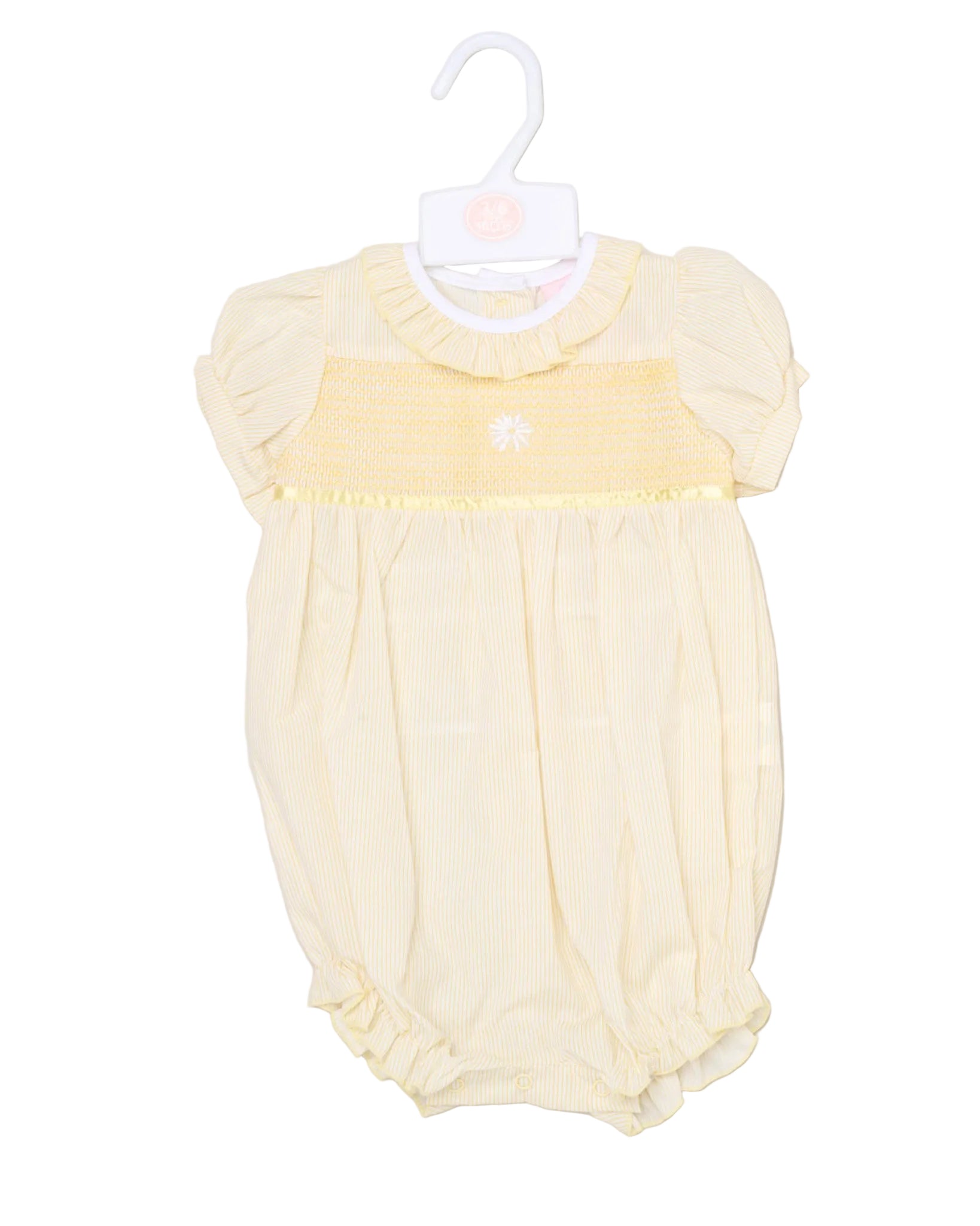 Yellow baby romper on a white hanger against a light gray background