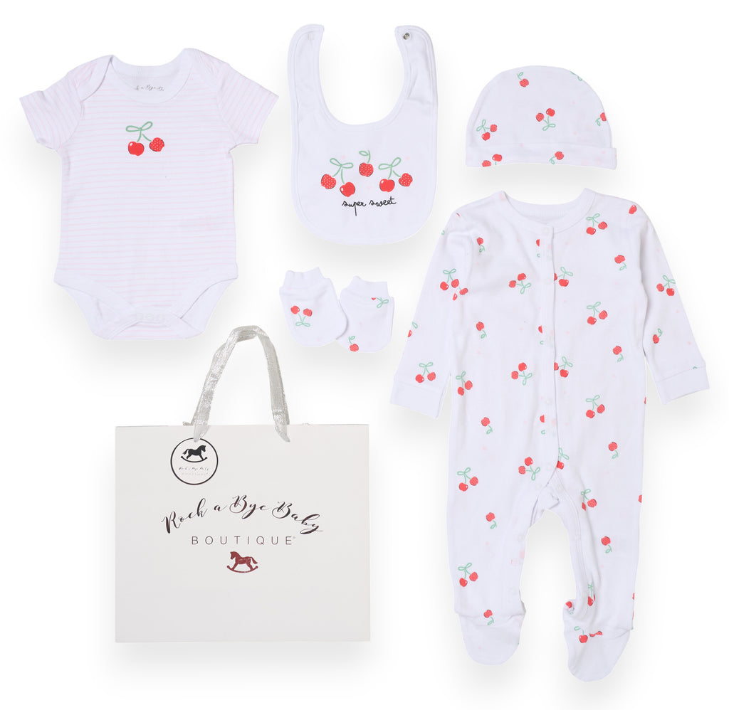 Super Sweet Cherries Design 5 Piece Baby Layette Gift Set