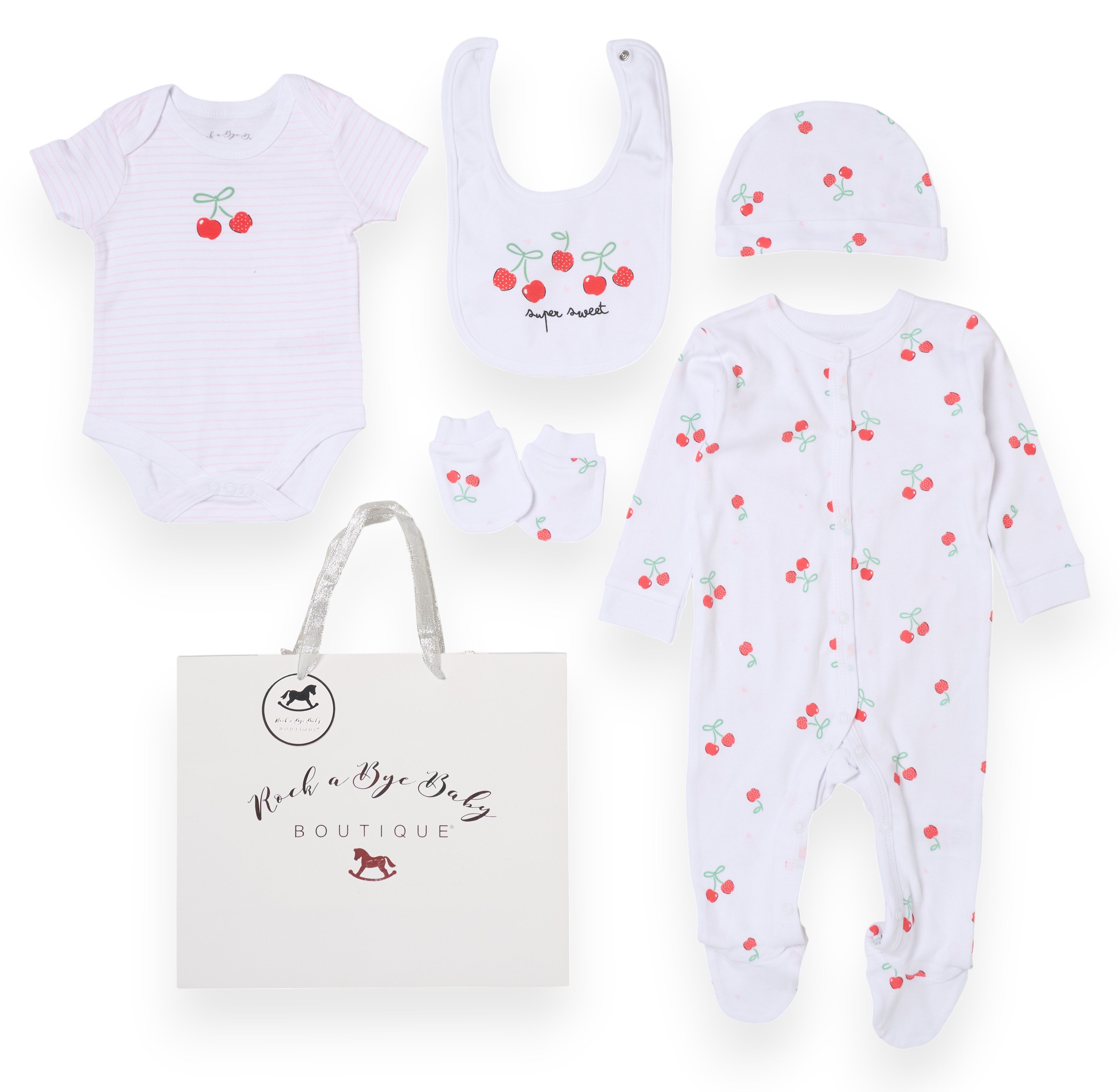 Super Sweet Cherries Design 5 Piece Baby Layette Gift Set