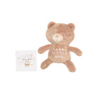 Plush teddy bear with 'Happy Little One' text on a beige background