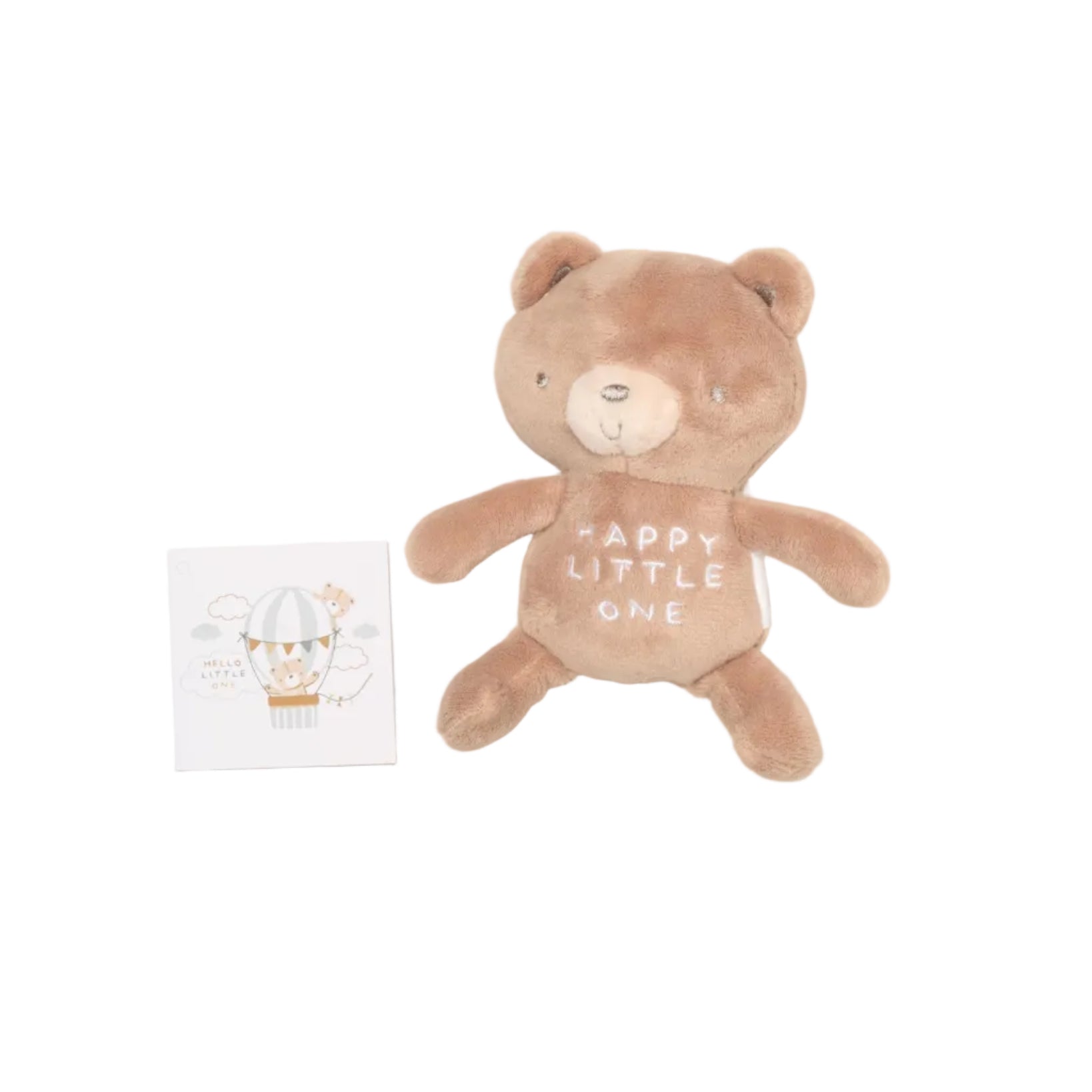 Plush teddy bear with 'Happy Little One' text on a beige background