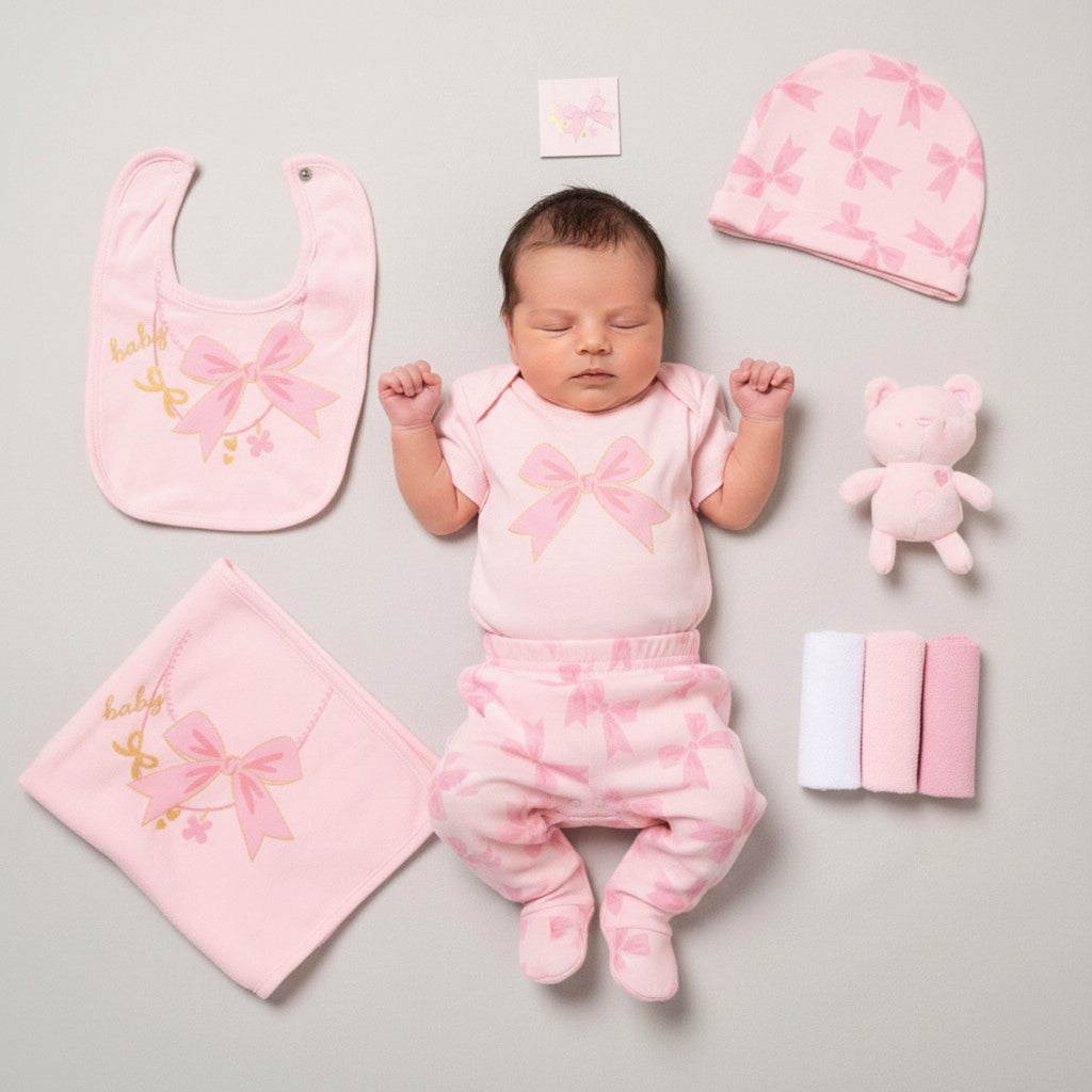 Newborn baby surrounded by pink baby clothes and items on a light gray background