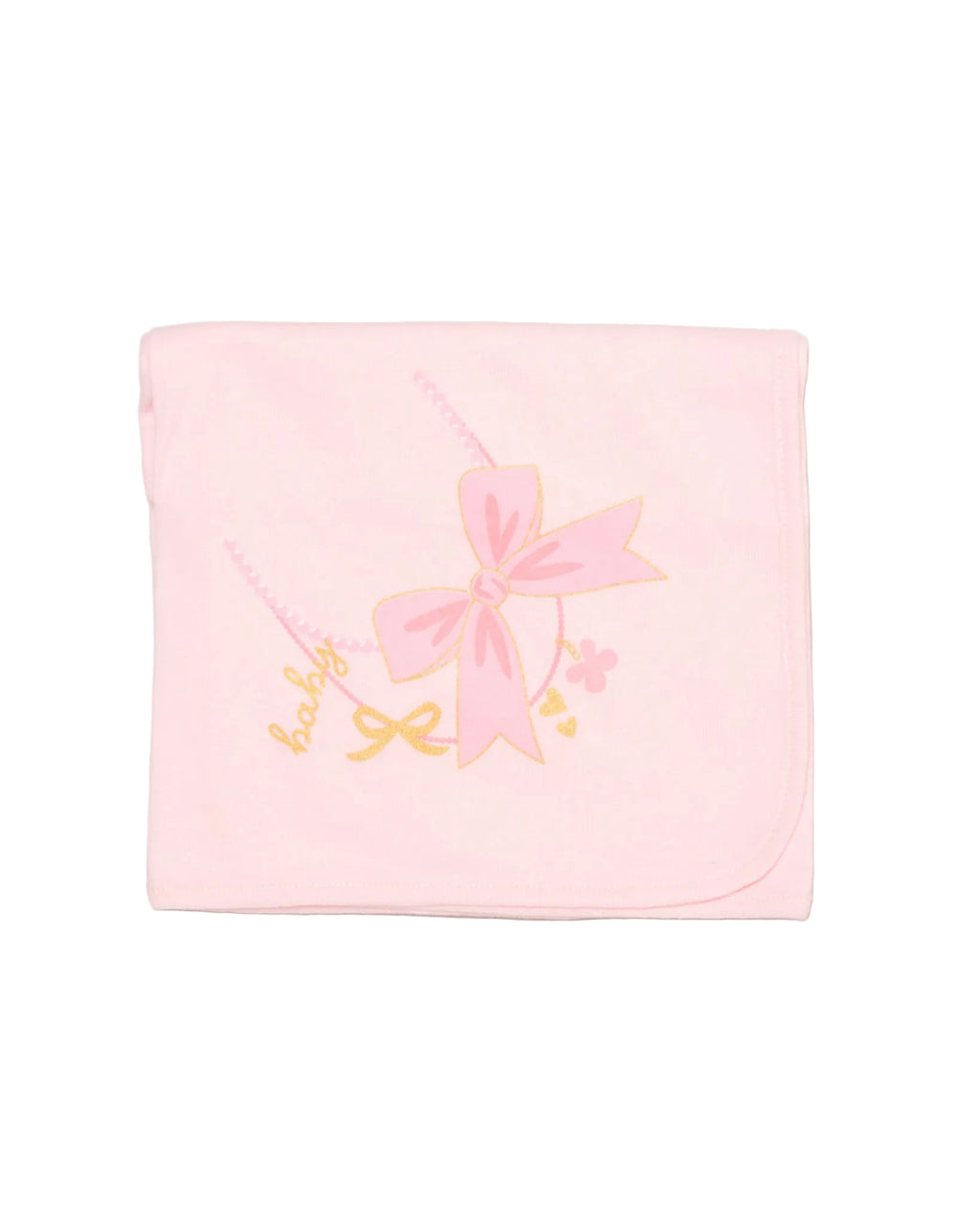 Pink baby blanket with bow and text on a light gray background