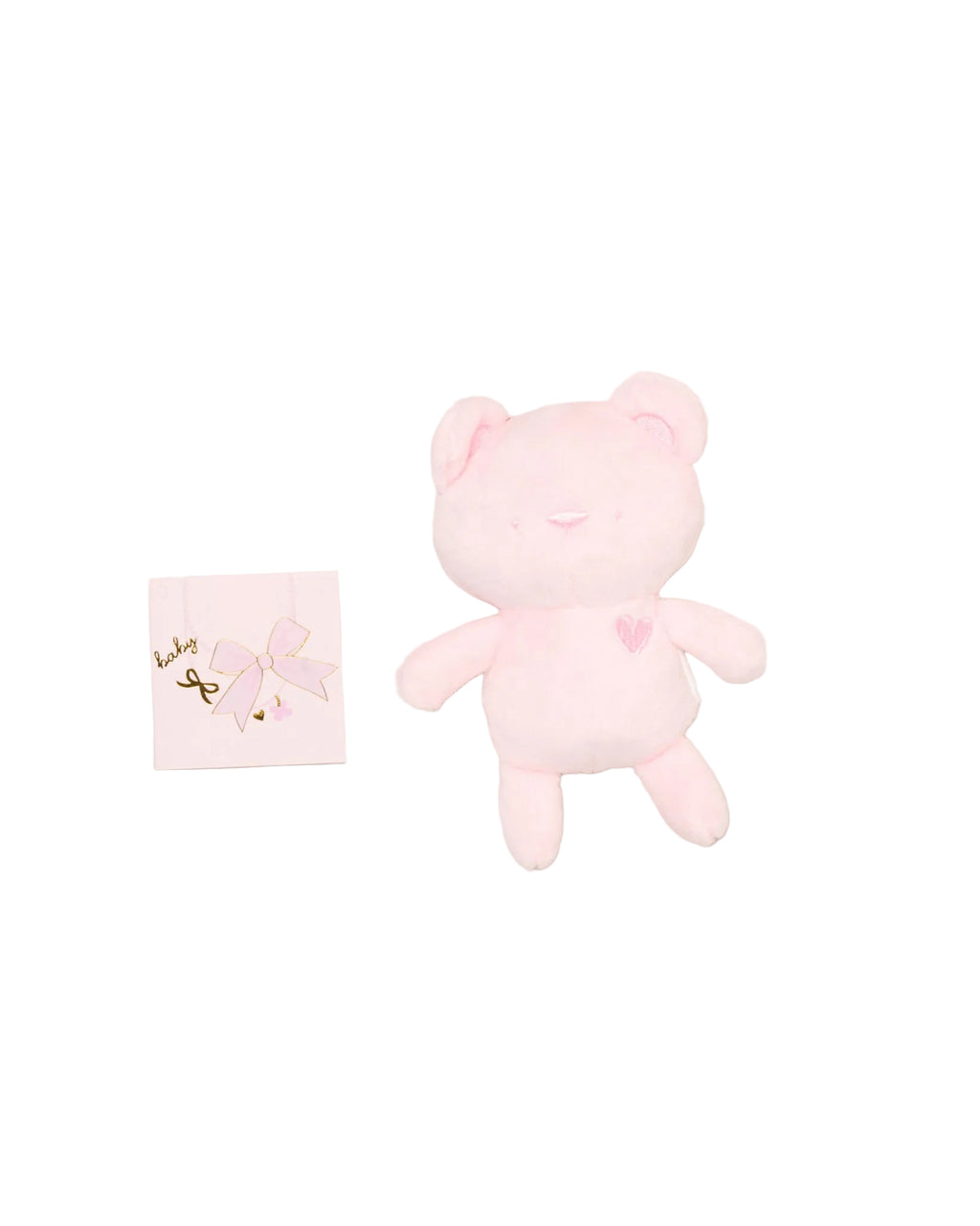 Pink teddy bear and card on a light gray background