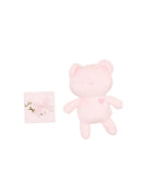 Pink teddy bear and card on a light gray background